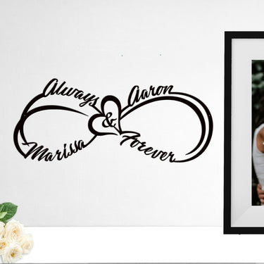 Infinity Symbol with First Names, Heart, Always and Forever | Metal Wall Hanging - Simply Royal Design